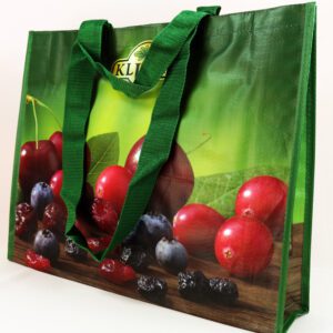 Fruchtige Frische in Grün: Hochwertige PP Woven Einkaufstasche mit bunten Frucht-Bildern.