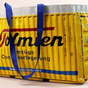 Stilvolle Containerlagerung: Die Vorderansicht der tolmien PP Woven Tasche.